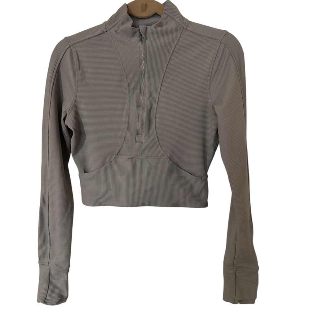 90 Degree By Reflex Cropped 1/4 Zip Ribbed Athletic Top Taupe Small